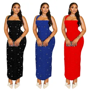 Halter neck bodycon dress with beaded pearls in black, blue, and red colors