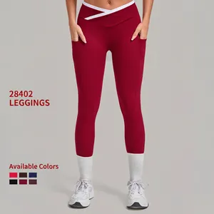 Leggings de Yoga Taille Haute pour Femmes Poches Latérales Ceinture Croisée Fesses Plissées Pantalon de Sport Fitness Color Block