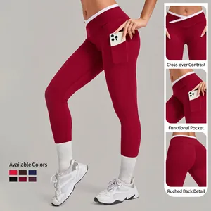 Legging de yoga bordeaux pour femmes avec taille croisée et poches latérales pratiques