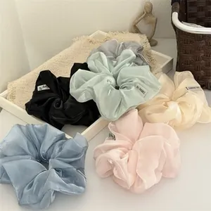 Chouchou en Fil Nacré Style Coréen pour Femmes Grand Chouchou Couleur Unie Attaches de Cheveux Haute Élasticité Corde à Cheveux Plissée Accessoires