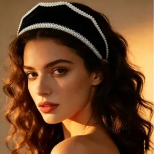 Detail of elegant black velvet wide headband with delicate white lace trim on a model