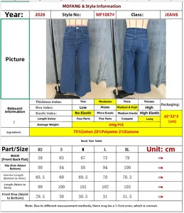 Tableau des tailles pour jeans évasés femmes indiquant taille, hanches et longueur