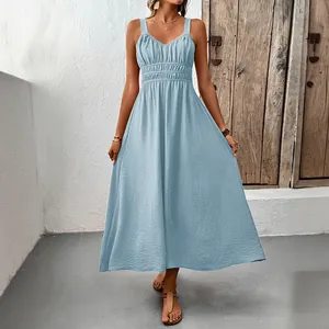 Women V Neck Sleeveless Backless Maxi Dress Smocked Waist Bohemian Textured Casual Holiday A-Line Long Summer Sundress