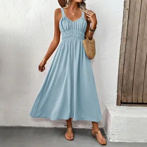 Elegant light blue sleeveless V-neck maxi dress with smocked waist for summer vacation wear