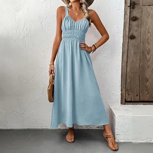 Light blue sleeveless V-neck maxi dress with smocked waist for summer vacation