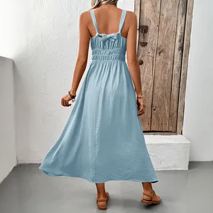 Elegant backless light blue sleeveless midi summer dress with smocked elastic and bow detail