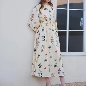 Robe Maxi Élégante pour Femmes avec Imprimé Fruits et Homard Revers Manche Longue Lacet Manche Lanterne Blanc