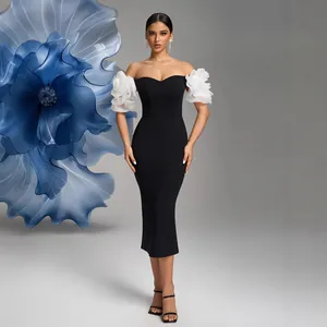 Elegant Off Shoulder Bodycon Midi Dress With 3D Floral Petal Sleeve Formal Evening Party Gown Slimming Banquet Cocktail Dress
