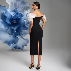 Elegant off-shoulder black midi dress with white ruffled clouds and a side slit detail