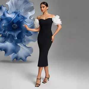 Elegant off-the-shoulder black slim-fit evening dress with white ruffled sleeves