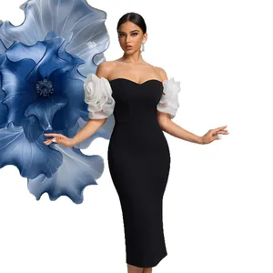 Elegant off-shoulder black midi dress with white puff sleeves and floral details