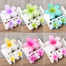 Set of 6 colorful frangipani flower hair claw clips in various gradient shades