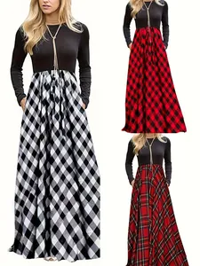 Robe Maxi Patchwork à Carreaux pour Femmes Col Rond Manches Longues Taille Haute Poche Latérale Casual Street Robe Longue