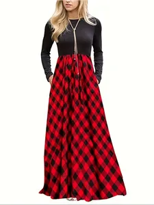 Robe longue femme à manches longues avec haut noir et jupe à carreaux rouges et noirs
