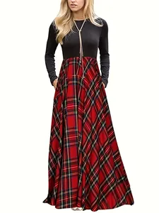 Robe longue décontractée à manches longues avec bustier noir et jupe à carreaux écossais rouge