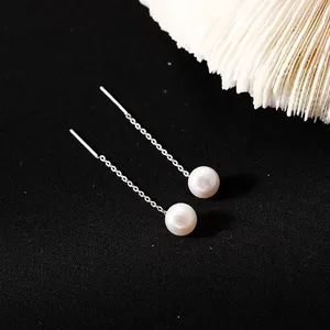 Boucles d'oreilles traversantes en argent S925 avec perles blanches rondes et chaine