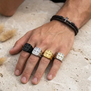 Cross Signet Ring Stainless Steel Retro Hip Hop Punk Style Vintage Texture Jewelry For Men