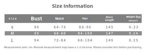 Size chart showing bust, waist, and hip measurements for this slim fit halter maxi dress