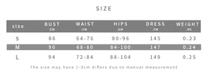 Size chart for halter neck backless printed dress showing bust waist hips and length