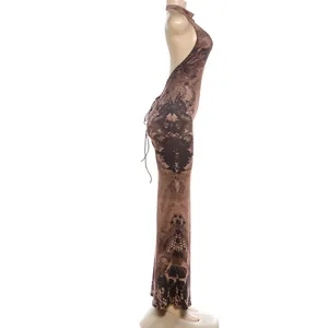 Detail of slim fit halter backless dress featuring vintage floral and grid patterns