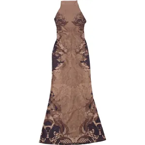 Detailed close-up of retro totem print and halter neck design on a slim-fit brown maxi dress