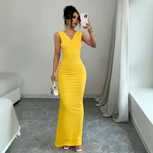Slim fit bright yellow V-neck maxi dress with side slit and ankle-length cut for women
