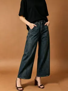 Jeans da Donna Vintage Lavati a Vita Alta a Gamba Larga Pantaloni in Denim Dritti Retro Distressed per Streetwear Casual