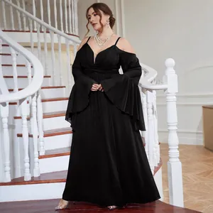 Women Plus Size Cold Shoulder V Neck Chiffon Evening Dress Elegant Flare Sleeve High Slit Banquet Bridesmaid Maxi Gown