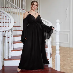 Elegant plus size black off-shoulder V-neck evening gown with tiered bell sleeves and pleats