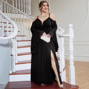 Elegant plus size black off-shoulder evening gown with high slit and bell sleeves