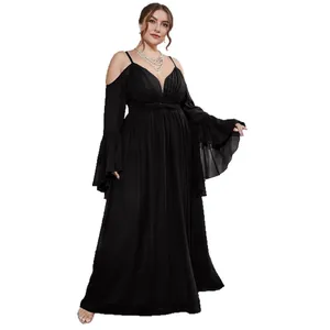 Plus size off-shoulder long evening gown in black with ruffle sleeves and high slit