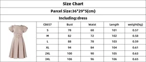 Detaillierte Größentabelle für elegantes Blumenkleid mit Brust- und Taillenmaßen