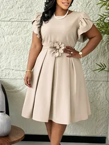 Elegantes Damen Afrikanisches Kleid Rundhals Rüschenärmel 3D Blume Hohe Taille Plissee Midi Kleid Party Loose Fit Kleid