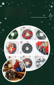 Detail view of various Christmas wreaths with silk flowers and festive ornaments