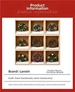 Nine diverse Christmas wreaths with red berries and golden bows on festive red background