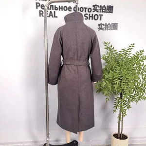 Sophisticated dark grey long wool-like coat with stand-up collar and matching waist belt