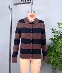 Detail view of the vintage striped knit cardigan with contrast collar and front buttons