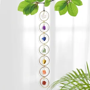 Seven Chakra raw gemstones wall hanging decor with golden rings and natural crystals