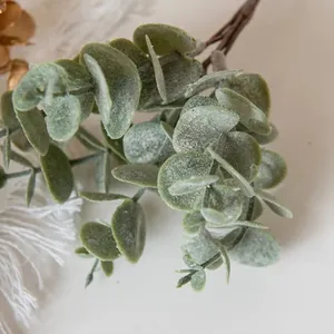 Close-up of frosted gray-green artificial eucalyptus leaves with realistic powdery texture