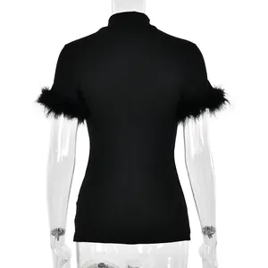 Rear view of black high neck slim fit T-shirt featuring decorative feather trim sleeves
