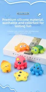 Macro detail of six colorful vinyl sea animal squeeze toys including crab and turtle