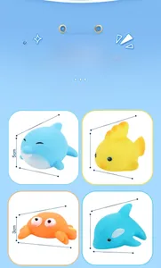 Detailed size chart of cute sea animal squeeze toys including dolphin and crab bath toys