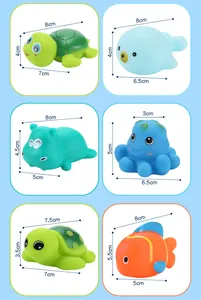 Detailed size dimensions for six colorful squeeze animal bath toys for toddlers
