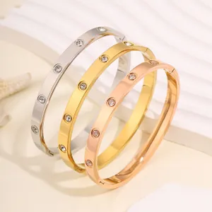 Close-up of three titanium steel bangles with sliding crystal accents in gold, silver and rose gold