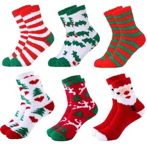 Cozy 6-pack Christmas coral fleece socks with festive reindeer and tree patterns