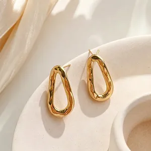 Irregular Geometric Oval Stud Earrings For Women Stainless Steel Hammered Texture Minimalist Liquid Metal Style
