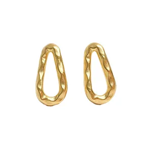 Minimalist golden geometric hollow drop earrings with hammered texture for women