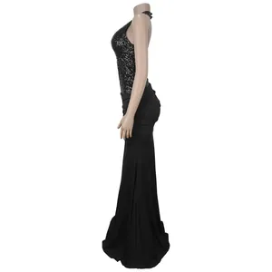 Side view of elegant black halter dress featuring a sequined bodice and mermaid skirt tail