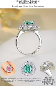 Macro shot of 925 sterling silver ring with emerald-cut green gemstone and halo diamonds
