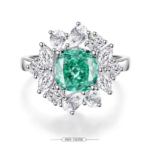 S925 Sterling Silver Paraiba Green Pink Zirconia Ring For Women Luxurious Vintage Flower Halo Cluster Adjustable Finger Ring Jewelry Gift